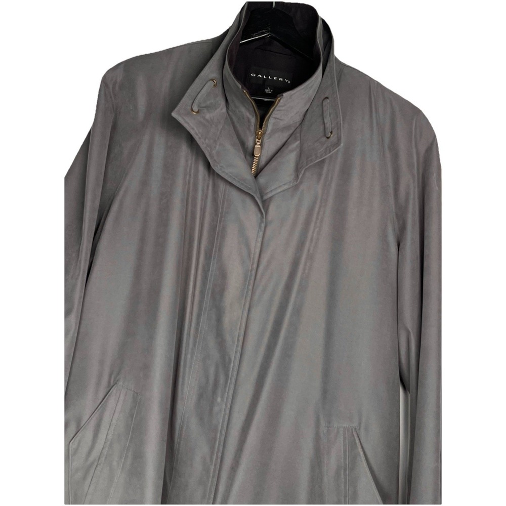 Gallery Womens Gray Trench Coat Raincoat Funnel Neck Contrast Cuff Size L - Picture 3 of 12
